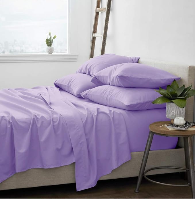 Femini Fashion 100% Organic Cotton Bed Sheets 800-Thread-Count, 16-Inch Deep-Pocket, Luxury Breathable Crisp 4-Piece Bed Sheet Set (1 Flat Sheet, 1 Fitted Sheet, 2 Pillowcases) - Twin-XL, Lilac