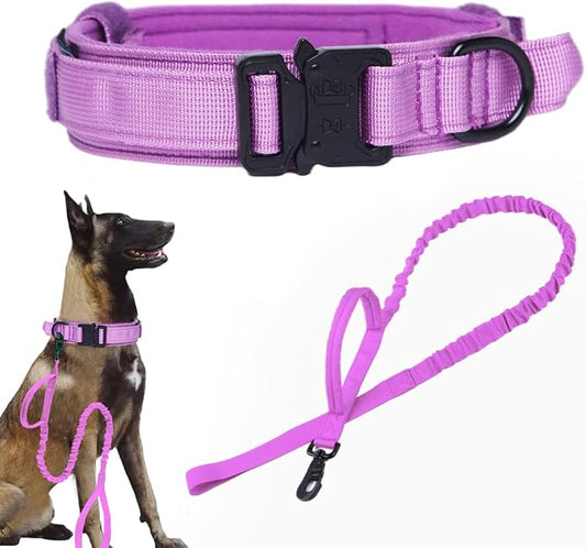 Tactical Dog Collar and Leash Set Adjustable Military Nylon Dog Collar with Control Handle and Heavy Duty Metal Buckle for Large Dogs（Purple XXL