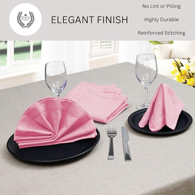 Hemstitch Dinner Napkins 100% Cotton Set of 6 - for Dining Special Occasions Weddings Parties Holidays Easter - Soft Durable Reusable - Elegant 18x18 Inch Table Cloth Napkins Baby Pink