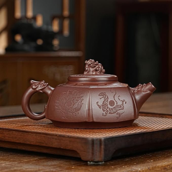 Zisha Teapot, Chinese Yixing Clay Handmade Tea Pot 9.8 Oz, Infuse Brew Kung Fu Loose Leaf Tea Maker (BaGua,Zini Purple Clay)