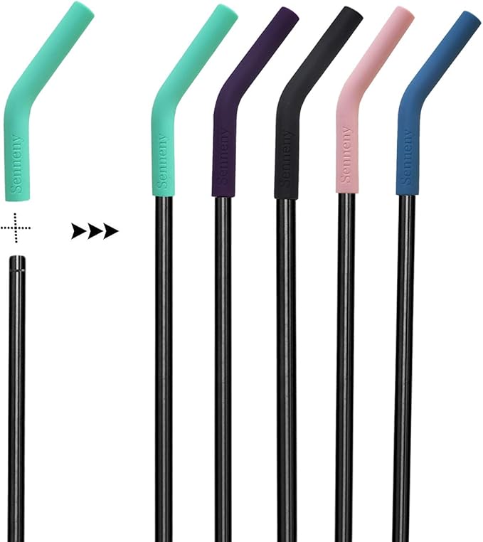Senneny Set of 5 Stainless Steel Straws with Silicone Flex Tips Elbows Cover, 2 Cleaning Brushes and 1 Portable Bag Included (Black)- 8mm diameter