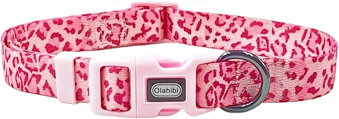 Dog Collar Leash Set, Leopard Pattern, Polyester Material, Adjustable Collar and 5ft Matching Leash, for Large Dogs.(L, Pink Leopard)