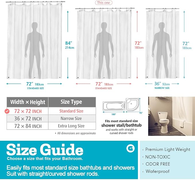 Ga-Geetopia Clear PEVA Plastic Shower Curtain Liner Premium Light Weight 72" x 72" Transparent Bathroom Shower Showroom Curtain Liner with Rustproof Metal Gromments and Weighted Magnet