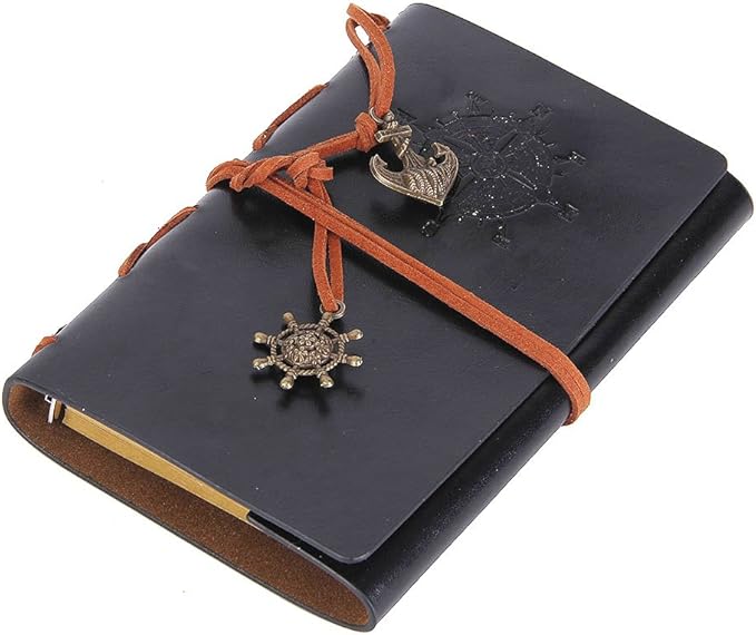 EvZ Black Leather Writing Journal - 5" Refillable Vintage Nautical Notebook with Retro Anchor & Rudder Pendants - Small Spiral Blank Sketchbook for Travel, Business & Art - Classic Embossed Diary, Black