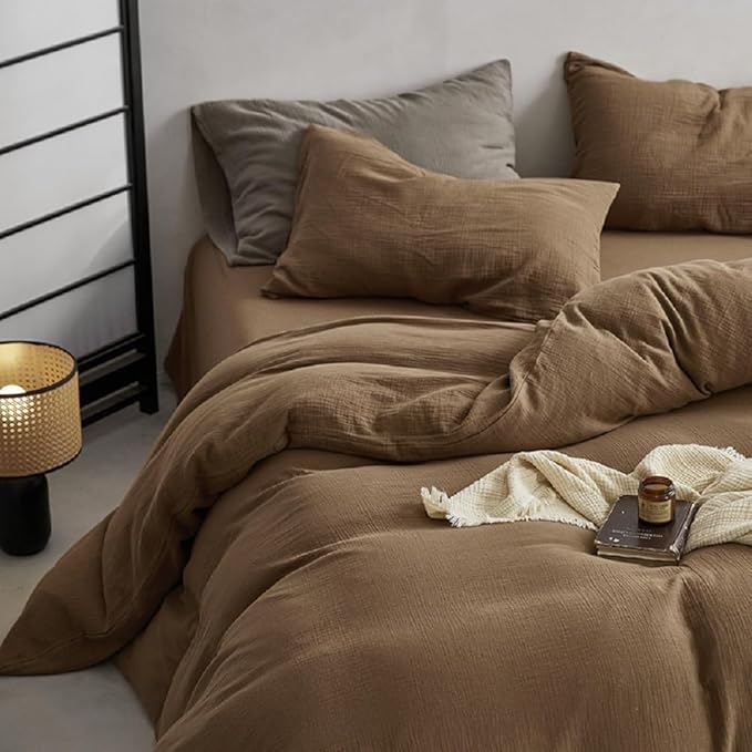Muslin Duvet Cover Set 100% Cotton King Size,Double-Layer Linen Like Gauze Comforter Cover Brown 3 Pieces,Okeo-tex 100 Certified Duvet Cover 104"x90" with 2 Pillowcases for All Season