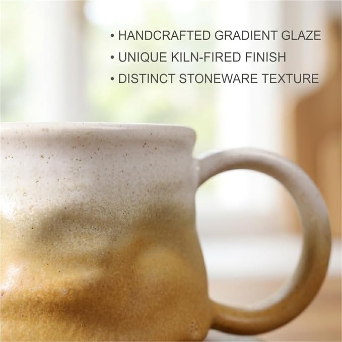 Handmade gradient ceramic coffee cup and saucer set, 8-ounce ceramic mug, distinctive glaze technology, microwave/dishwasher safe for coffee, tea, latte, rustic craftsman style(Gradient yellow)