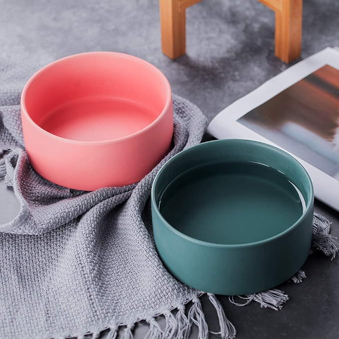 Green Ceramic Elevated Raised Cat Bowl with Wood Stand No Spill Pet Food Water Feeder Cats Small Dogs