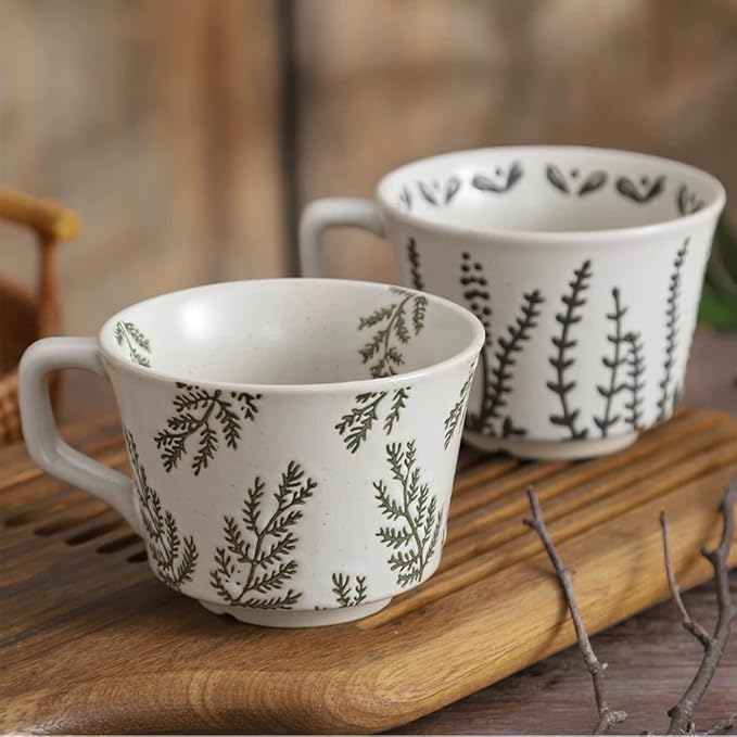 Ceramic Mug 1pcs, 11oz - Vintage Coffee Mug, Pottery Cups for Milk, Latte, Cappuccino, Tea - Porcelain Dishwasher, Microwave Safe Stoneware Green Leaf