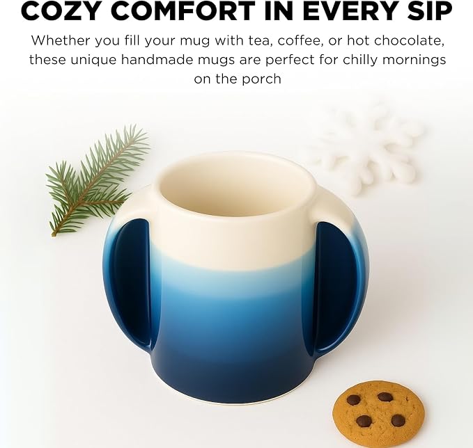 GUTE Handmade Pottery Double Hand Warmer Mug - 14 oz Ceramic Coffee Mug with Contoured Pockets for Both Hands Clay, Dishwasher & Microwave Safe, Comfy Blue - Winter Stocking Stuffer Gift