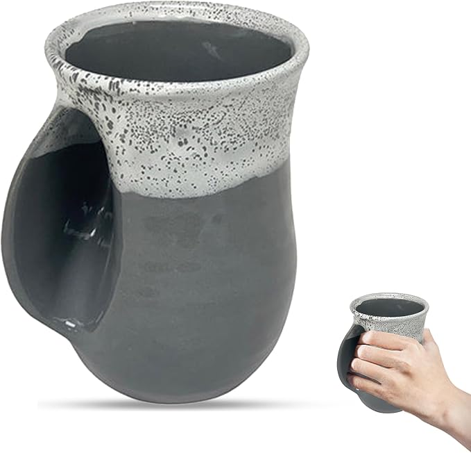 Clay in Motion Hand Warmer Coffee Mug – Handmade Coffee Mug With Comfortable Handle Contoured Pocket Hand Warming Ceramic Coffee Mug – Proudly Made in USA – Left Handed – 14 Oz - Snowcap