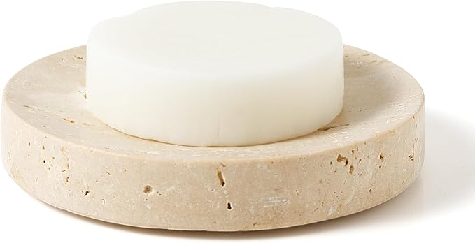 Marble Soap Dishes Natural Travertine Stone Sponge Holder for Bathroom Tub Shower Kitchen Sink, Handcraft Round Soap Case Trinket Plate Jewelry Tray Coaster for Home Decor Color Beige (WH046)