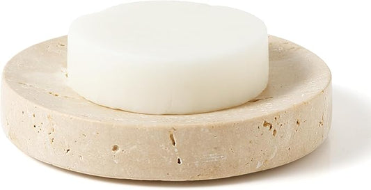 Marble Soap Dishes Natural Travertine Stone Sponge Holder for Bathroom Tub Shower Kitchen Sink, Handcraft Round Soap Case Trinket Plate Jewelry Tray Coaster for Home Decor Color Beige (WH046)