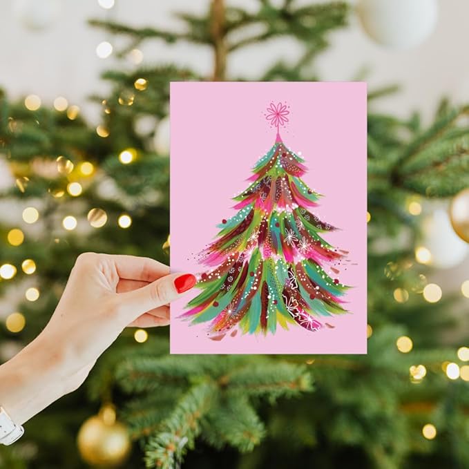 Tree-Free Greetings - Season's Greeting Card - Artful Designs - 1 Card + Matching Envelopes - Made in USA - 100% Recycled Paper - 5 x 7 - Pink Tree (VO80704)