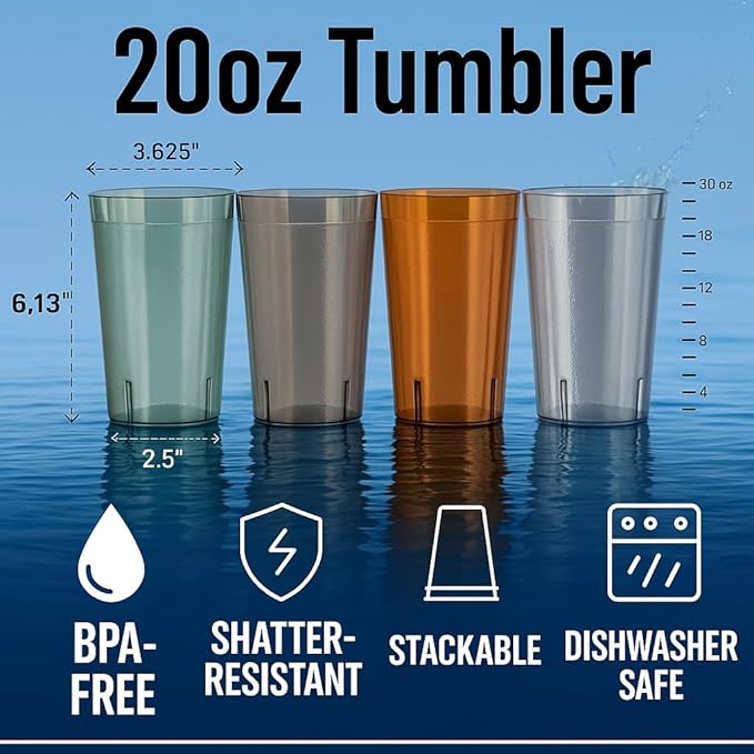 Oojami Set of 8 Plastic Tumblers, 20-Ounce Reusable Cups, BPA-Free & Shatterproof, Stackable Restaurant-Style Drinking Glasses for Water, Juice, and Everyday Use, Dishwasher Safe 20 oz