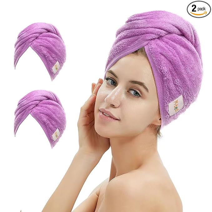 M-bestl 2 Pack Microfiber Hair Towel Wrap,Hair Drying Towel with Button,Absorbent Head Towel to Dry Hair Quickly (Purple)
