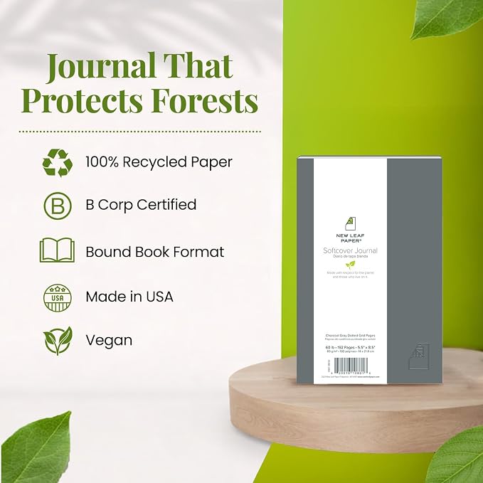 100% Recycled Softcover Dotted Grid Journal, Charcoal Gray, 9.75" x 7.75", 192 Pages, Embossed, Perfect Bound, FSC Certified, Made in USA