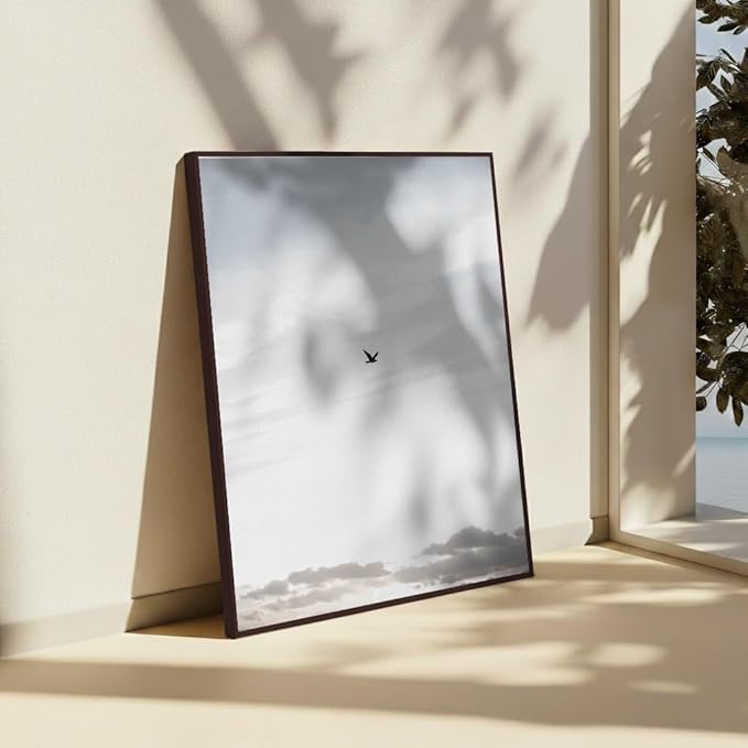 Monem Art Minimalist Bird in Sky Photography Print - Moody Nordic Landscape Art Poster - Wall Decor for Living Room, Bedroom or Office - 24x32 Brown Framed CANVAS Wall Art by Mareike Bohmer