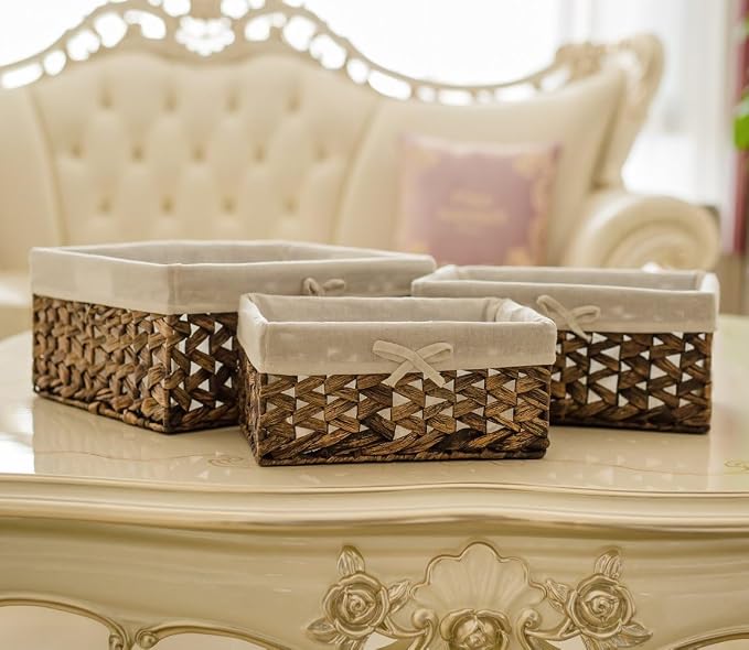 Rectangular Woven Seagrass Storage Bins with Handle,Kingwillow. (water hyacinth, Medium)
