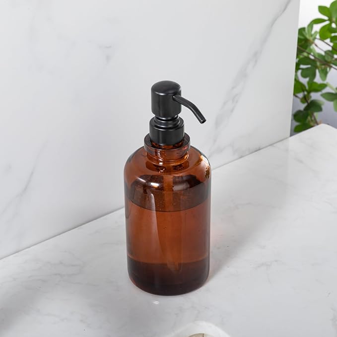 Amber Glass Soap Dispenser, 17oz 500ml Refillable Liquid Hand Soap Dispenser, 304 Stainless Steel Pump Leakproof Lotion Container for Bathroom Kitchen Sink Vanity Countertop