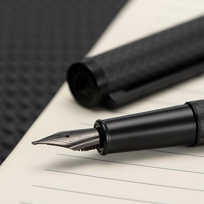 HONG DIAN 1861 Fountain Pen, Long Blade Nib, Black Carbon Fiber Design with Converter and Metal Pen Case Set