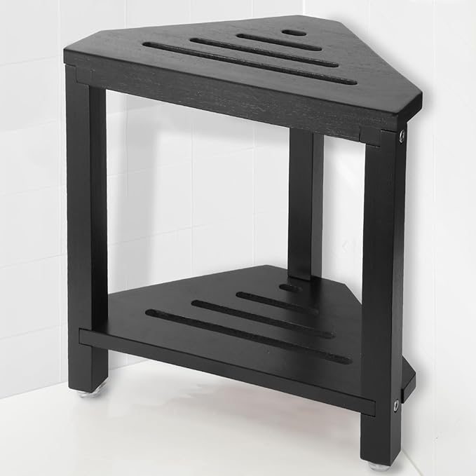 IBosins Corner Shower Stool with Storage Shelf Shower Foot Rest for Shaving Legs Small Bench for Inside Shower to Sit on Bath Seat - Acacia Wood, Black,16in