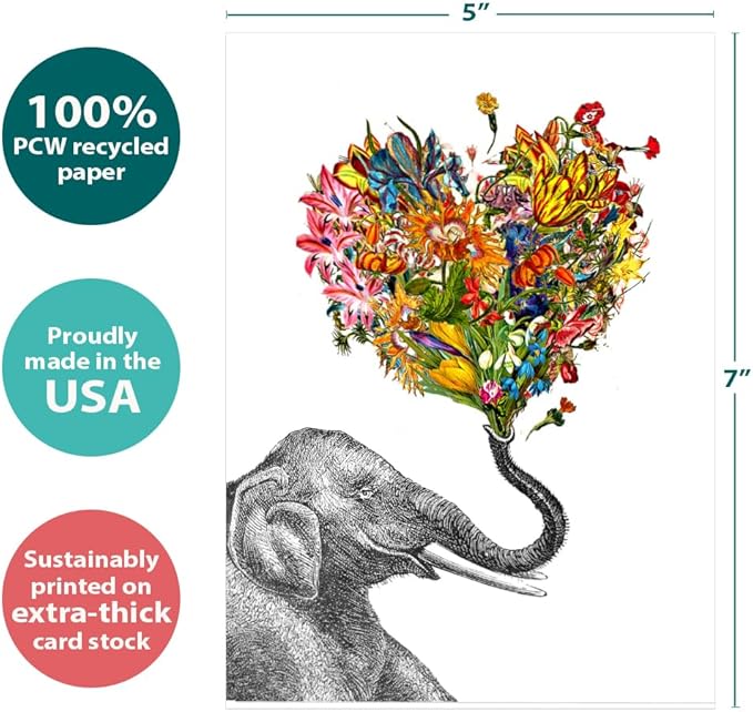 Tree-Free Greetings 16 Pack Card Assortment & Matching Envelopes,5”x7”,Made in USA,100% Recycled Paper,Vibrant Elephant & Giraffe Variety (GP54069)