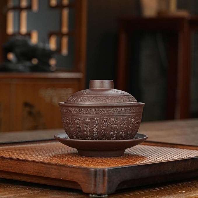 Yixing Zisha Purple Clay Gaiwan 5 Oz/150ml,Chinese Kungfu Tea Bowl Cup,Blooming and Loose Leaf Tea Maker Set -Baifu,Purple Clay