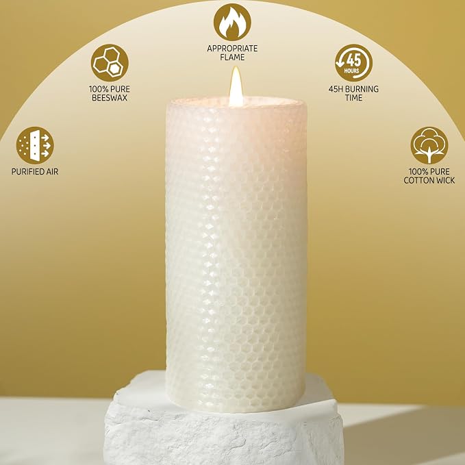 8 Pack Beeswax Pillar Candles, 360 Hours Handmade Large Pillar Beeswax Candles Handcrafted Honeycomb Unscented Bees Wax Candle for Home, Prayer(2.8x6 in)