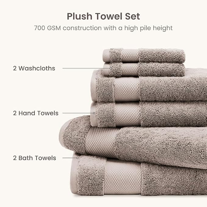 BIOWEAVES 100% Organic Cotton 700 GSM Plush 6-Piece Premium Towel Set GOTS Certified, 2 Bath Towels, 2 Hand Towels & 2 Washcloths - Taupe
