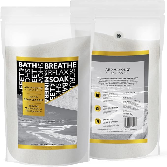 Aromasong Dead Sea Salts for Soaking - 2.43 Lbs Fine Grain Bath Salt Soak in Large Bulk resealable Pack, 100% Pure & Natural - Soak for Women & Men to Relax Tired Muscles and Treat Skin Issues