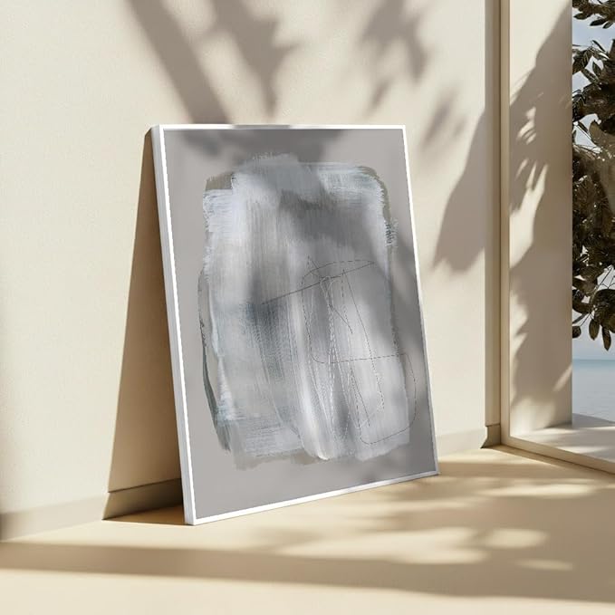 Monem Art Abstract Minimal Brushstroke Print - Scandinavian Neutral Line Art Poster - Wall Decor for Living Room, Bedroom or Office - 18x24 White Framed CANVAS Wall Art by Mareike Bohmer