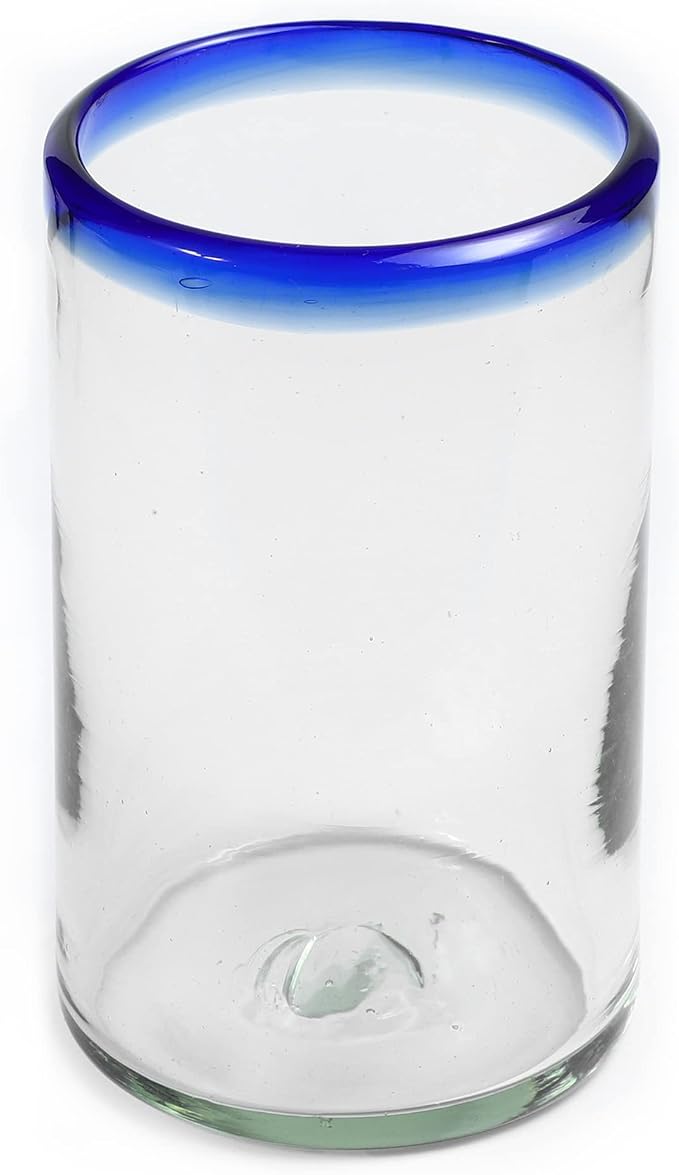15 oz Hand Blown Mexican Drinking Glasses - Set of 6 tumblers, 15 fl oz each, Cobalt Blue Rim