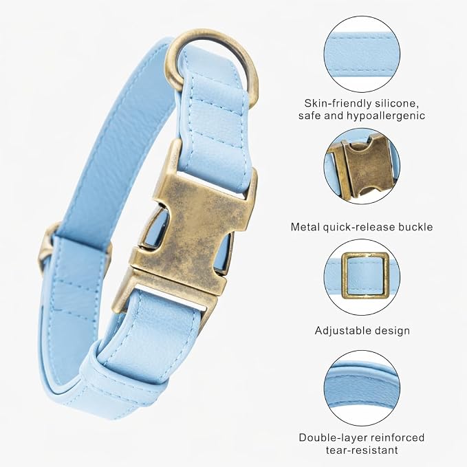 Silicone Dog Collar and Leash Set, Waterproof & Odor-Proof Puppy Collar for Small Dogs, Soft Flexible Leather-Look Dog Collars, Durable Thick Adjustable Pet Collar (Blue, Small (11-15.5" Neck))