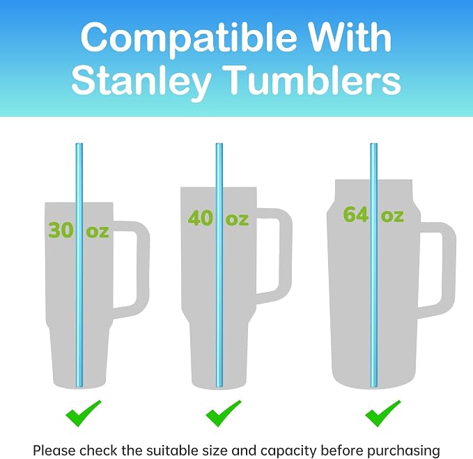 NiHome 12-Pack Plastic Reusable Drinking Straws Fit for Stanley 40 oz 30oz 64 oz Tumbler, 6 Color 12 In Reusable Straws Fit for Stanley Cups, 2 Brushes, BPA-Free for Cold & Hot Drinks (Gradient Blue)