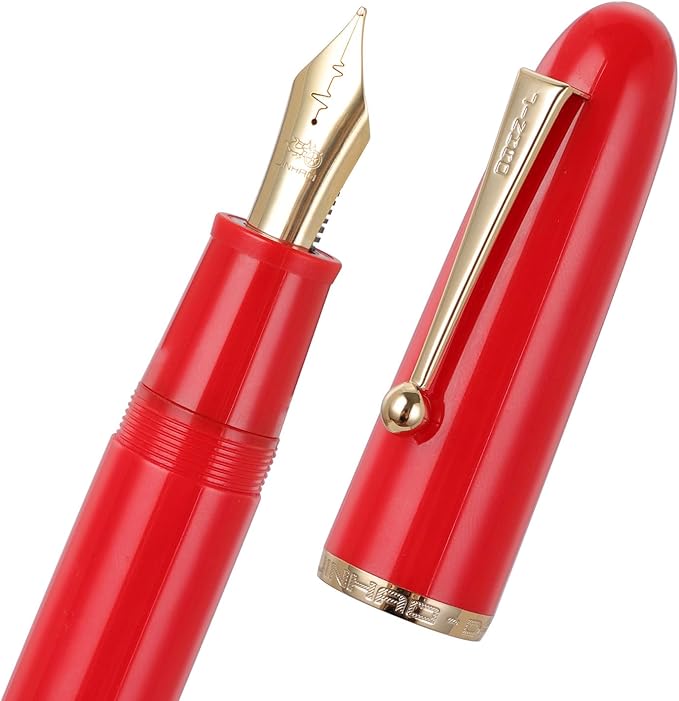 Jinhao 9019 DaDao Series Fountain Pen, Size 8 Fine Heartbeat Nib with Large Ink Converter, Bright Red Acrylic Design Smooth Writing Pen (Gold Trim)