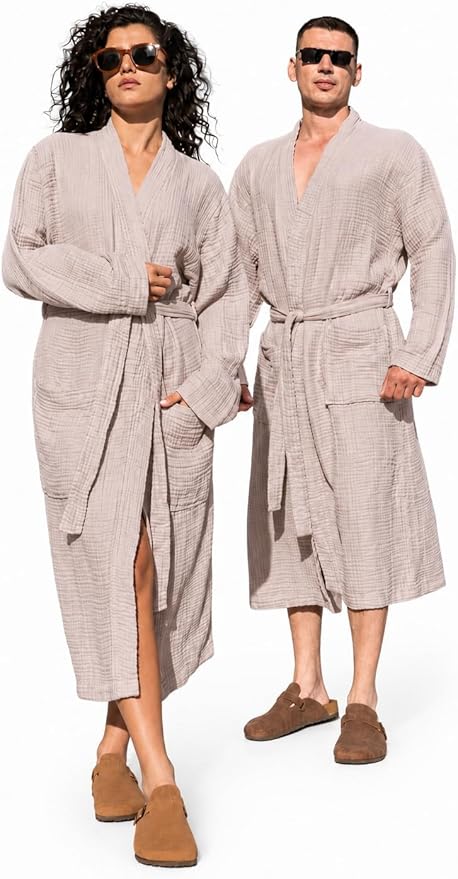 Muslin Unisex Bathrobe Women & Men, 100% Cotton Kimono Lightweight Robe | Long Robes Soft, Absorbent, Spa robes