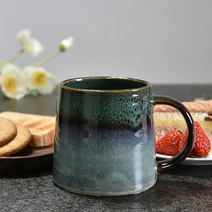 Large Ceramic Coffee Mug, Pottery Mug,Tea Cup for Office and Home,Handmade Pottery Coffee Mugs,16.5 Oz,Dishwasher and Microwave Safe,kiln altered glaze craft (Dark Green)