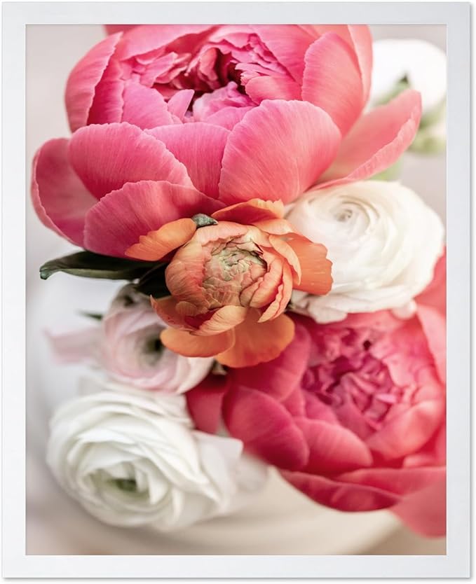 Monem Art Pink Peony Floral Macro Photography Print - Romantic Flower Art Poster - Wall Decor for Living Room, Bedroom or Office - 16x20 White Framed Wall Art by Mareike Bohmer