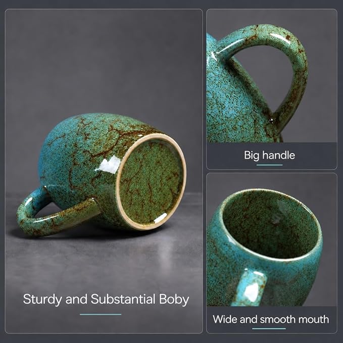 21oz Large Handmade ceramic Mug, Big Ceramic Tea Cup, Durable and Heavy Microwave and Dishwasher Safe Pottery Coffee Mug with Handle, Reactive Glaze Stoneware Clay coffee mug (Blue and Green)