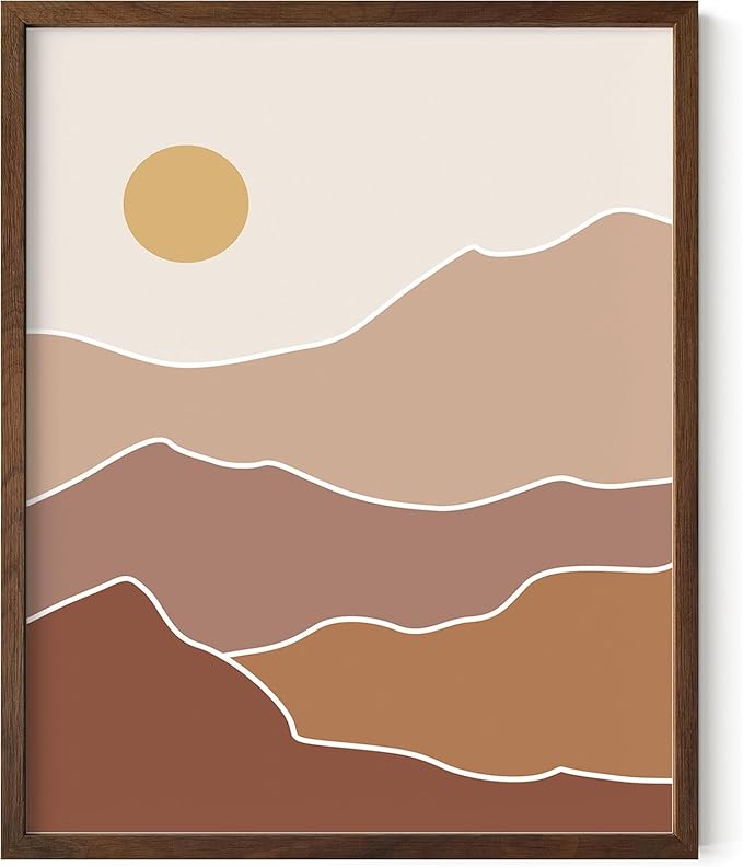 Abstract Mountain Landscape Wall Art Sun Rolling Hills Earth Tones Terracotta Mid Century Modern 16x20 Inch Oak Wood Walnut Framed Minimalist Scenery Print for Nursery Decor