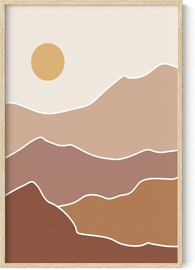 Abstract Mountain Landscape Wall Art Sun Rolling Hills Earth Tones Terracotta Mid Century Modern 24x36 Inch Oak Wood Beige Framed Minimalist Scenery Print for Nursery Decor