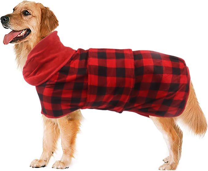 Geyecete Dog Drying Coat - Dog Bathrobe Towel - Microfibre Fast Drying Super Absorbent Pet Cat Bath Robe Towel, Luxuriously Soft - Red Black Grid - XXXL