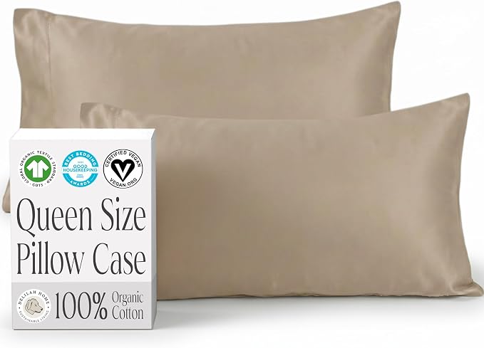 Delilah Home 100% Organic Cotton Queen Pillow Case, GOTS & Vegan.org Verified, Long Stem 300 TC Sateen Bedding, Non-Synthetic, Deep Pocket Fitted Linen, Lightweight, All-Season, 2 Pieces Set - Beige
