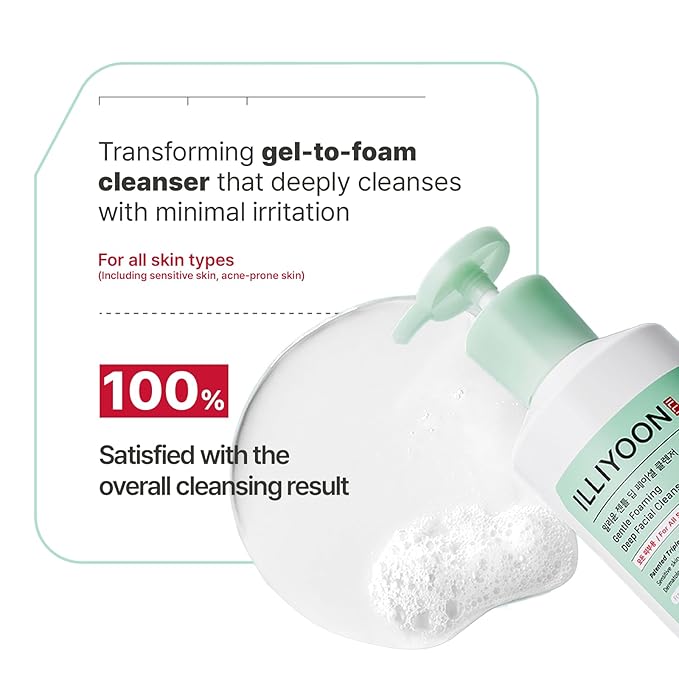 Illiyoon Gentle Deep Facial Cleanser | Low pH Gel-to-Foam Face Wash for Sensitive Skin, Hydrating Gel Cleanser & Daily Makeup Remover, Korean Skincare, 8.45 fl.oz.