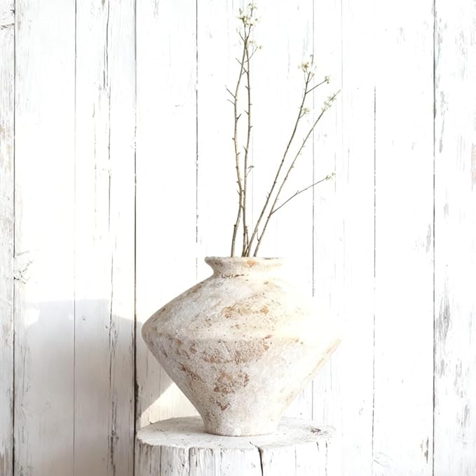 Wabi Sabi Vase 11.5" Whitewashed Distressed Ceramic Vase with Brown Speckles, Wide Mouth Rustic Vintage Vases for Table Centerpieces, Farmhouse Home Decor for Living Room Entryway Shelf