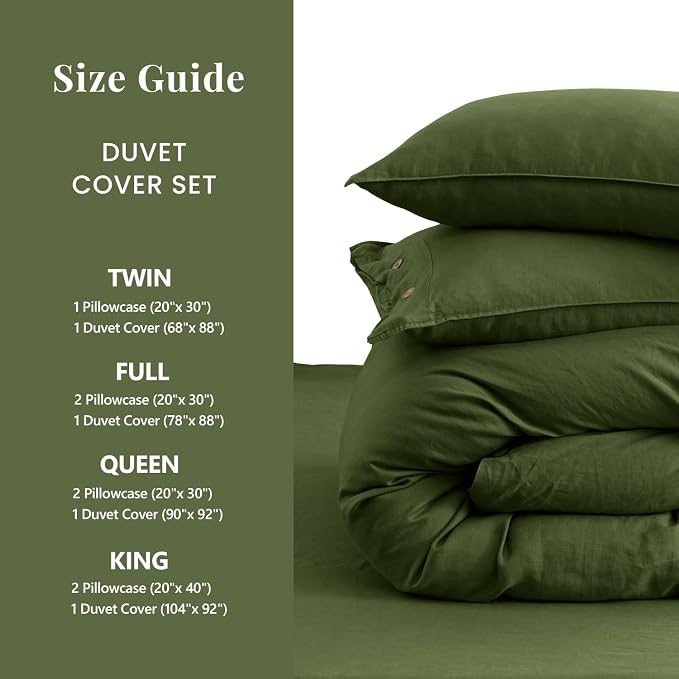 S VICTORY SYMBOL 100% Organic Linen Duvet Cover Set Queen Size,Natural French Washed Flax Bedding Set 3PCS(1 Duvet Cover and 2 Pillowcases) with Coconut Button Closure,Juniper Green