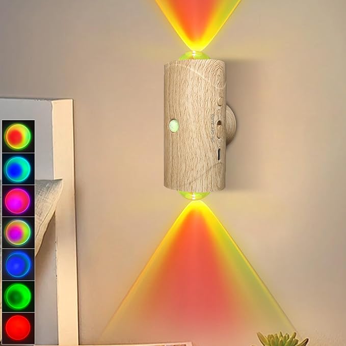 LED Wireless Wall Sconce with 7 Colors Changing, Motion Sensor Light Indoor, 1500mAh Rechargeable Battery Operated Wall Sconces for Bedroom Bedside Hallway Courtyard Doorway (Wood-Colored)