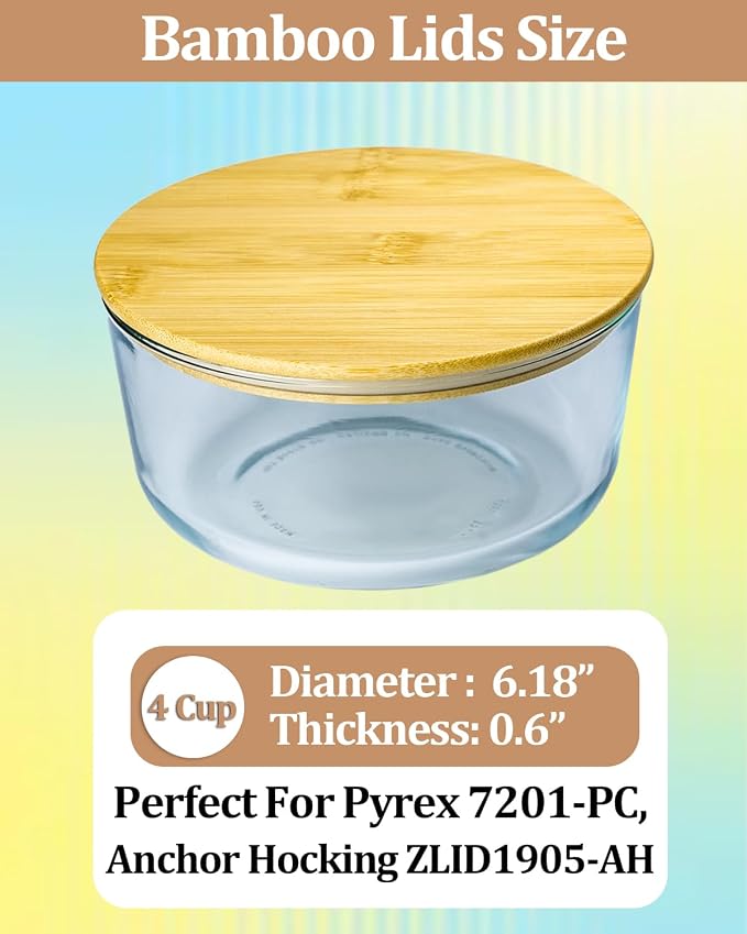 Replacement Wooden Lids for Pyrex, Anchor Hocking Glass Containers 7201-PC*4, Bamboo Lids for Pyrex 4Cup Glass Bowls, Bowl Covers with Leakproof Silicone Gasket 4 Pack