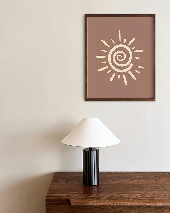 Abstract Spiral Sun Wall Art Swirl Sunburst Print Earth Tones Terracotta Tan Mid Century Modern 8x10 Inch Oak Wood Walnut Framed Tribal Boho Decor for Living Room