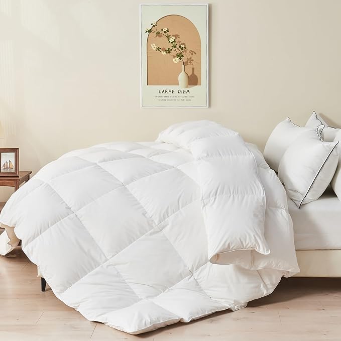 TOPGREEN Feather Down Comforter Queen Size, Luxury Extra-Fluffy Duvet Insert, All Season Bed Comforter with Ultra-Soft Organic Cotton Case (90x90 Inch, Ivory White)